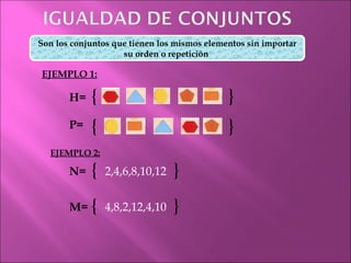 Son los conjuntos que tienen los mismos elementos sin importar su orden o repetición  EJEMPLO 1: H= { } P= { } N= { 2,4,6,8,10,12 } M= { 4,8,2,12,4,10 } EJEMPLO 2: 