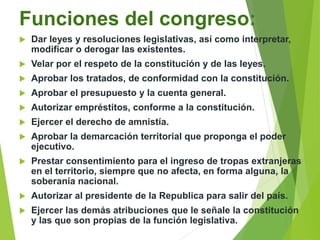 Funciones del congreso:
 Dar leyes y resoluciones legislativas, así como interpretar,
modificar o derogar las existentes.
 Velar por el respeto de la constitución y de las leyes.
 Aprobar los tratados, de conformidad con la constitución.
 Aprobar el presupuesto y la cuenta general.
 Autorizar empréstitos, conforme a la constitución.
 Ejercer el derecho de amnistía.
 Aprobar la demarcación territorial que proponga el poder
ejecutivo.
 Prestar consentimiento para el ingreso de tropas extranjeras
en el territorio, siempre que no afecta, en forma alguna, la
soberanía nacional.
 Autorizar al presidente de la Republica para salir del país.
 Ejercer las demás atribuciones que le señale la constitución
y las que son propias de la función legislativa.
 