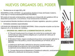 NUEVOS ORGANOS DEL PODER
 Tendencias en el siglo XIX y XX
DESARROLLO DEL ESTADO: Los pensadores diseñaron líneas del Estado moderno,
vivían bajo un monarca absoluto(ANTIGUO REGIMEN)
NO existía el mercado contemporáneo, generado por el desarrollo del capitalismo NO se
desarrollo la producción, ni el comercio, ni las transacciones monetarias.
Los pensadores liberales decidieron estructurar el Estado: legislativo, ejecutivo y judicial.
 Entidades estatales especializadas
LOS NUEVOS ORGANOS DE PODER NACIONAL: Estos comportan el poder con los tres
órganos (L-E-J). Se dividen en 3 ámbitos:
 ORGANOS DEL AMBITO DE LA ADMINISTRACION DE JUSTICIA
a) El Tribunal Constitucional: Es el órgano de control de la constitución; esta
conformado por siete miembros elegidos por un periodo de 5 años por el
congreso de la republica.
b) El Ministerio Publico: órgano constitucional que tiene como función defender la
legalidad de la vida publica y social. Esta presidido por el FISCAL DE LA
NACION.
c) La Defensoría del Pueblo: defiende los derechos constitucionales y
fundamentales de la persona y de la comunidad. Además supervisa el
cumplimiento de los deberes de la administración
d) El Consejo Nacional de la Magistratura: Establece la selección, nombramiento,
ratificación y destitución de los jueces y fiscales.
 