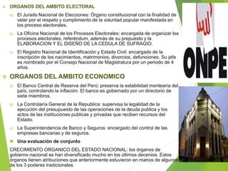  ORGANOS DEL AMBITO ELECTORAL
a) El Jurado Nacional de Elecciones: Órgano constitucional con la finalidad de
velar por el respeto y cumplimiento de la voluntad popular manifestada en
los proceso electorales.
b) La Oficina Nacional de los Procesos Electorales: encargada de organizar los
procesos electorales, referéndum, además de su prepuesto y la
ELABORACION Y EL DISEÑO DE LA CEDULA DE SUFRAGIO.
c) El Registro Nacional de Identificación y Estado Civil: encargado de la
inscripción de los nacimientos, matrimonios, divorcios, defunciones. Su jefe
es nombrado por el Consejo Nacional de Magistratura por un periodo de 4
años.
 ORGANOS DEL AMBITO ECONOMICO
a) El Banco Central de Reserva del Perú: preserva la estabilidad montearía del
país, controlando la inflación. El banco es gobernado por un directorio de
siete miembros.
b) La Controlaría General de la Republica: supervisa la legalidad de la
ejecución del presupuesto de las operaciones de la deuda publica y los
actos de las instituciones publicas y privadas que reciben recursos del
Estado.
c) La Superintendencia de Banco y Seguros: encargado del control de las
empresas bancarias y de seguros.
► Una evaluación de conjunto
CRECIMIENTO ORGANICO DEL ESTADO NACIONAL: los órganos de
gobierno nacional se han diversificado mucho en los últimos decenios. Estos
órganos tienen atribuciones que anteriormente estuvieron en manos de algunos
de los 3 poderes tradicionales.
 