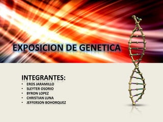 EXPOSICION DE GENETICA
INTEGRANTES:
• EROS JARAMILLO
• SLEYTER OSORIO
• BYRON LOPEZ
• CHRISTIAN LUNA
• JEFFERSON BOHORQUEZ
 
