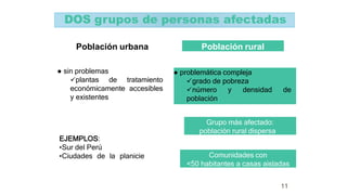 DOS grupos de personas afectadas
Población urbana
● sin problemas
plantas de tratamiento
económicamente accesibles
y existentes
EJEMPLOS:
•Sur del Perú
•Ciudades de la planicie
Población rural
● problemática compleja
grado de pobreza
número y densidad de
población
Grupo más afectado:
población rural dispersa
Comunidades con
<50 habitantes a casas aisladas
11
 