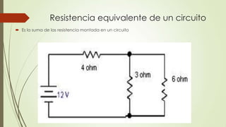 Resistencia equivalente de un circuito
 Es la suma de las resistencia montada en un circuito
 
