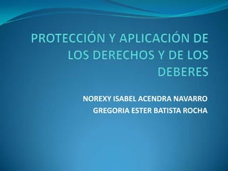PROTECCIÓN Y APLICACIÓN DE LOS DERECHOS Y DE LOS DEBERES NOREXY ISABEL ACENDRA NAVARRO GREGORIA ESTER BATISTA ROCHA 