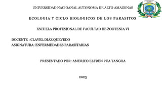 UNIVERSIDAD NACIOANAL AUTONOMA DE ALTO AMAZONAS
ECOLOGIA Y CICLO BIOLOGICOS DE LOS PARAS ITOS
ESCUELA PROFESIONAL DE FACULTAD DE ZOOTENIA VI
DOCENTE : CLAVEL DIAZ QUEVEDO
ASIGNATURA: ENFERMEDADES PARASITARIAS
PRESENTADO POR: AMERICO ELFREN PUA TANGOA
2023
 