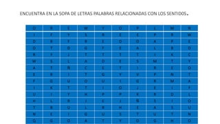 ENCUENTRA EN LA SOPA DE LETRAS PALABRAS RELACIONADAS CON LOS SENTID0S. 
O R E W Y O P L M N 
I F Y S R E E P R W 
D R F R E D O A P E 
O T D G F E A L B D 
R Y J T T T T I K C 
W S L A D E S M T Y 
A T Ñ C E T I R E O 
E R I T G Y V P N T 
F G U O U I G R M A 
I K T T I O J E I F 
U I Y H P P K R D L 
H L R J E J Ñ S I O 
T B U L R H E A S U 
N E I G U S T U T N 
Q G O A T Y O G H O 
 