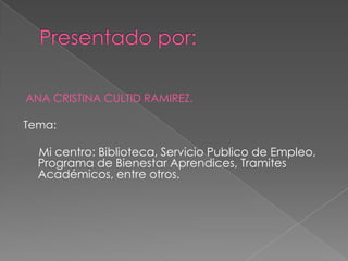 ANA CRISTINA CULTID RAMIREZ.

Tema:

  Mi centro: Biblioteca, Servicio Publico de Empleo,
  Programa de Bienestar Aprendices, Tramites
  Académicos, entre otros.
 