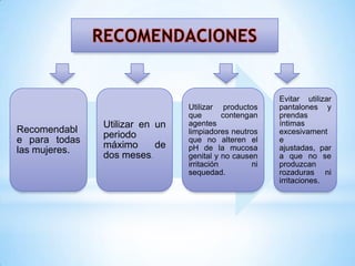 Recomendabl
e para todas
las mujeres.

Utilizar en un
periodo
máximo
de
dos meses.

Utilizar productos
que
contengan
agentes
limpiadores neutros
que no alteren el
pH de la mucosa
genital y no causen
irritación
ni
sequedad.

Evitar utilizar
pantalones y
prendas
íntimas
excesivament
e
ajustadas, par
a que no se
produzcan
rozaduras ni
irritaciones.

 