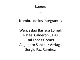 Equipo 3 Nombre de los integrantes Wenceslao Barrera Lomelí Rafael Calderón Salas Isai López Gómez  Alejandro Sánchez Arriaga Sergio Paz Ramírez  