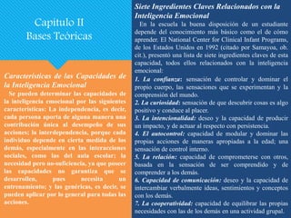 Siete Ingredientes Claves Relacionados con la
Inteligencia Emocional
En la escuela la buena disposición de un estudiante
depende del conocimiento más básico como el de cómo
aprender. El National Center for Clinical Infant Programs,
de los Estados Unidos en 1992 (citado por Samayoa, ob.
cit.), presentó una lista de siete ingredientes claves de esta
capacidad, todos ellos relacionados con la inteligencia
emocional:
1. La confianza: sensación de controlar y dominar el
propio cuerpo, las sensaciones que se experimentan y la
comprensión del mundo.
2. La curiosidad: sensación de que descubrir cosas es algo
positivo y conduce al placer.
3. La intencionalidad: deseo y la capacidad de producir
un impacto, y de actuar al respecto con persistencia.
4. El autocontrol: capacidad de modular y dominar las
propias acciones de maneras apropiadas a la edad; una
sensación de control interno.
5. La relación: capacidad de comprometerse con otros,
basada en la sensación de ser comprendido y de
comprender a los demás.
6. Capacidad de comunicación: deseo y la capacidad de
intercambiar verbalmente ideas, sentimientos y conceptos
con los demás.
7. La cooperatividad: capacidad de equilibrar las propias
necesidades con las de los demás en una actividad grupal.
Características de las Capacidades de
la Inteligencia Emocional
Se pueden determinar las capacidades de
la inteligencia emocional por las siguientes
características: La independencia, es decir,
cada persona aporta de alguna manera una
contribución única al desempeño de sus
acciones; la interdependencia, porque cada
individuo depende en cierta medida de los
demás, especialmente en las interacciones
sociales, como las del aula escolar; la
necesidad pero no-suficiencia, ya que poseer
las capacidades no garantiza que se
desarrollen, pues necesita un
entrenamiento; y las genéricas, es decir, se
pueden aplicar por lo general para todas las
acciones.
Capítulo II
Bases Teóricas
 