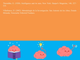 Thorndike, E. (1920). Intelligence and its uses. New York: Harper's Magazine, 140, 227-
335.
Villafranca, D. (2002). Metodología de la Investigación. San Antonio de los Altos, Estado
Miranda, Venezuela: Editorial Fundaca.
 