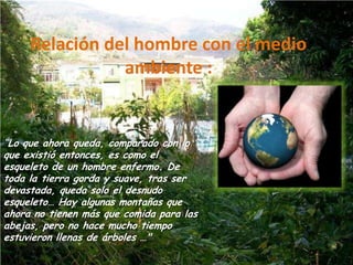 Relación del hombre con el medio ambiente :“Lo que ahora queda, comparado con lo que existió entonces, es como el esqueleto de un hombre enfermo. De toda la tierra gorda y suave, tras ser devastada, queda solo el desnudo esqueleto… Hay algunas montañas que ahora no tienen más que comida para las abejas, pero no hace mucho tiempo estuvieron llenas de árboles …"