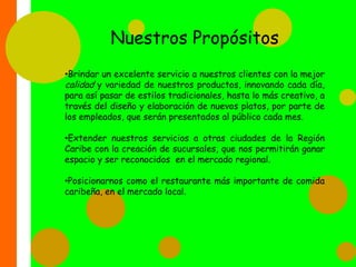 Nuestros PropósitosBrindar un excelente servicio a nuestros clientes con la mejor calidad y variedad de nuestros productos, innovando cada día, para así pasar de estilos tradicionales, hasta lo más creativo, a través del diseño y elaboración de nuevos platos, por parte de los empleados, que serán presentados al público cada mes. 
