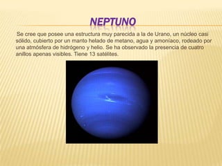 júpiterEs el 5º planeta del sistema solar y el de mayor tamaño, parece estar constituido por un núcleo rocoso, cubierto de dos capas de hidrógeno líquido, rodeadas a su vez de una atmósfera de hidrógeno y helio. Las capas gaseosas forman franjas de colores como consecuencia de su elevada velocidad de rotación. Presenta varios anillos oscuros. Tiene 63 satélites.
