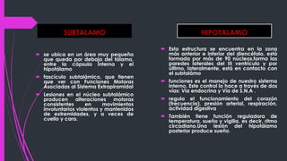 SUBTALAMO
 se ubica en un área muy pequeña
que queda por debajo del tálamo,
entre la cápsula interna y el
hipotálamo
 fascículo subtalámico, que tienen
que ver con Funciones Motoras
Asociadas al Sistema Extrapiramidal
 Lesiones en el núcleo subtalámico
producen alteraciones motoras
consistentes en movimientos
involuntarios violentos y mantenidos
de extremidades, y a veces de
cuello y cara.
HIPOTALAMO
 Esta estructura se encuentra en la zona
más anterior e inferior del diencéfalo, está
formada por más de 90 núcleos.forma las
paredes laterales del III ventrículo y por
último, lateralmente, está en contacto con
el subtalámo
 funciones es el manejo de nuestro sistema
interno. Este control lo hace a través de dos
vías: Vía endocrina y Vía de S.N.A .
 regula el funcionamiento del corazón
(frecuencia), presión arterial, respiración,
actividad digestiva
 También tiene función reguladora de
temperatura, sueño y vigilia, es decir, ritmo
circadiano.Una lesión del hipotálamo
posterior produce sueño.
 