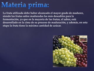 La fruta utilizada debe haber alcanzado el mayor grado de madurez, 
siendo las frutas sobre maduradas las más deseables para la 
fermentación, ya que en la mayoría de las frutas, el sabor, está 
desarrollado en la cima de su proceso de maduración, y además, en esta 
etapa la fruta tiene la máxima cantidad de azúcar. 
 