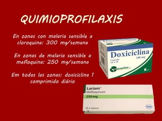 En zonas con malaria sensible a
cloroquina: 300 mg/semana
En zonas de malaria sensible a
mefloquina: 250 mg/semana
Em todas las zonas: doxiciclina 1
comprimido diário
 