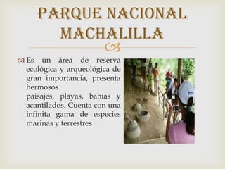 
 Es un área de reserva
ecológica y arqueológica de
gran importancia, presenta
hermosos
paisajes, playas, bahías y
acantilados. Cuenta con una
infinita gama de especies
marinas y terrestres
Parque nacional
machalilla
 