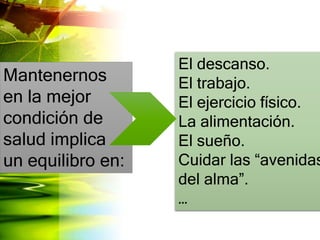 Mantenernos
en la mejor
condición de
salud implica
un equilibro en:
El descanso.
El trabajo.
El ejercicio físico.
La alimentación.
El sueño.
Cuidar las “avenidas
del alma”.
…
 