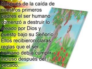 Después de la caída de
nuestros primeros
padres el ser humano
comenzó a destruir lo
creado por Dios y
puesto bajo su Señorío.
Ellos recibieron claras
reglas que el ser
humano debía cumplir
incluso después del
pecado.
 