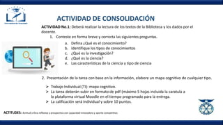 ACTIVIDAD DE CONSOLIDACIÓN
ACTIVIDAD No.1: Deberá realizar la lectura de los textos de la Biblioteca y los dados por el
docente.
1. Conteste en forma breve y correcta las siguientes preguntas.
a. Defina ¿Qué es el conocimiento?
b. Identifique los tipos de conocimientos
c. ¿Qué es la investigación?
d. ¿Qué es la ciencia?
e. Las características de la ciencia y tipo de ciencia
2. Presentación de la tarea con base en la información, elabore un mapa cognitivo de cualquier tipo.
 Trabajo Individual (TI): mapa cognitivo.
 La tarea deberán subir en formato de pdf (máximo 5 hojas incluida la caratula a
la plataforma virtual Moodle en el tiempo programado para la entrega.
 La calificación será individual y sobre 10 puntos.
ACTITUDES: Actitud crítica reflexiva y prospectiva con capacidad innovadora y aporte competitivo.
 