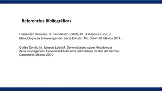 Hernández Sampieri, R., Fernández Collado, C., & Baptista Lucio, P.
Metodología de la Investigación. Sexta Edición. Mc. Graw Hill. México.2014.
Cortés Cortés, M, Iglesias León,M. Generalidades sobre Metodología
de la Investigación. Universidad Autónoma del Carmen Ciudad del Carmen,
Campeche, México 2004
Referencias Bibliográficas
 