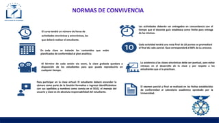 NORMAS DE CONVIVENCIA
El curso tendrá un número de horas de
actividades sincrónicas y asincrónicas, las
que deberá realizar el estudiante.
En cada clase se tratarán los contenidos que estén
planificados de conformidad al plan analítico.
Al término de cada sesión vía zoom, la clase grabada quedara a
disposición de los estudiantes para que pueda reproducirla en
cualquier tiempo.
Para participar en la clase virtual: El estudiante deberá encender la
cámara como parte de la Gestión formativa e ingresar identificándose
con sus apellidos y nombres como consta en el SIUG; el manejo del
usuario y clave es de absoluta responsabilidad del estudiante.
Las actividades deberán ser entregadas en concordancia con el
tiempo que el docente guía establezca como límite para entrega
de las mismas.
Cada actividad tendrá una nota final de 10 puntos se promediará
al final de cada parcial. Que corresponderá al 66% de su proceso.
La asistencia a las clases sincrónicas debe ser puntual, para evitar
retrasos en el desarrollo de la clase y por respeto a los
estudiantes que sí lo practican.
El examen parcial y final se realizará en las fechas establecidas
de conformidad al calendario académico aprobado por la
Universidad.
 