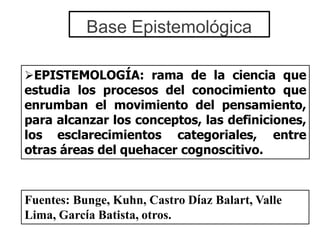Fuentes: Bunge, Kuhn, Castro Díaz Balart, Valle
Lima, García Batista, otros.
EPISTEMOLOGÍA: rama de la ciencia que
estudia los procesos del conocimiento que
enrumban el movimiento del pensamiento,
para alcanzar los conceptos, las definiciones,
los esclarecimientos categoriales, entre
otras áreas del quehacer cognoscitivo.
Base Epistemológica
 