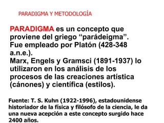PARADIGMA Y METODOLOGÍA
PARADIGMA es un concepto que
proviene del griego “parádeigma”.
Fue empleado por Platón (428-348
a.n.e.).
Marx, Engels y Gramsci (1891-1937) lo
utilizaron en los análisis de los
procesos de las creaciones artística
(cánones) y científica (estilos).
Fuente: T. S. Kuhn (1922-1996), estadounidense
historiador de la física y filósofo de la ciencia, le da
una nueva acepción a este concepto surgido hace
2400 años.
 