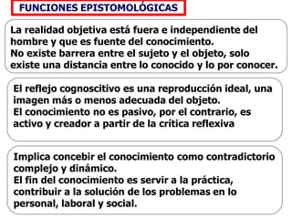 La realidad objetiva está fuera e independiente del
hombre y que es fuente del conocimiento.
No existe barrera entre el sujeto y el objeto, solo
existe una distancia entre lo conocido y lo por conocer.
El reflejo cognoscitivo es una reproducción ideal, una
imagen más o menos adecuada del objeto.
El conocimiento no es pasivo, por el contrario, es
activo y creador a partir de la crítica reflexiva
Implica concebir el conocimiento como contradictorio
complejo y dinámico.
El fin del conocimiento es servir a la práctica,
contribuir a la solución de los problemas en lo
personal, laboral y social.
FUNCIONES EPISTOMOLÓGICAS
 