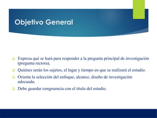Objetivo General
 Expresa qué se hará para responder a la pregunta principal de investigación
(pregunta rectora),
 Quiénes serán los sujetos, el lugar y tiempo en que se realizará el estudio.
 Orienta la selección del enfoque, alcance, diseño de investigación
adecuado.
 Debe guardar congruencia con el título del estudio.
 