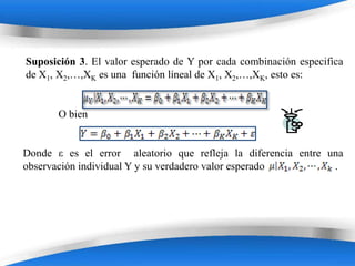Suposición 3. El valor esperado de Y por cada combinación especifica
de X1, X2,…,XK es una función líneal de X1, X2,…,XK, esto es:


       O bien


Donde ε es el error aleatorio que refleja la diferencia entre una
observación individual Y y su verdadero valor esperado         .




                       Powerpoint Templates
 
