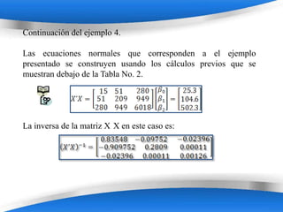 Continuación del ejemplo 4.

Las ecuaciones normales que corresponden a el ejemplo
presentado se construyen usando los cálculos previos que se
muestran debajo de la Tabla No. 2.




La inversa de la matriz X X en este caso es:




                        Powerpoint Templates
 
