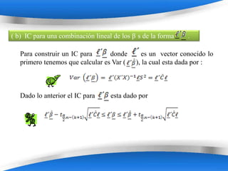 ( b) IC para una combinación lineal de los β s de la forma    .


   Para construir un IC para      donde        es un vector conocido lo
   primero tenemos que calcular es Var (     ), la cual esta dada por :



   Dado lo anterior el IC para     esta dado por




                          Powerpoint Templates
 