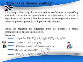 Pruebas de Hipótesis sobre β

Una vez que el investigador ha estimado los coeficientes de regresión y
calculado sus varianzas, generalmente esta interesado en probar la
significancia del modelo o bien llevar a cabo apartado presentaremos la
forma de probar algunas de las hipótesis más comunes.

Antes de presentar los diferentes tipos de hipótesis a probar
introduciremos la siguiente notación.
Notación:



          SCTotal no corregido =STC (no corregido)= y´y




                            Powerpoint Templates
 
