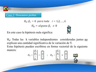 Caso 1: Deseamos probar




En este caso la hipótesis nula significa:

H0: Todas las k variables independientes consideradas juntas no
explican una cantidad significativa de la variación de Y.
Estas hipótesis pueden escribirse en forma vectorial de la siguiente
manera:




                          Powerpoint Templates
 