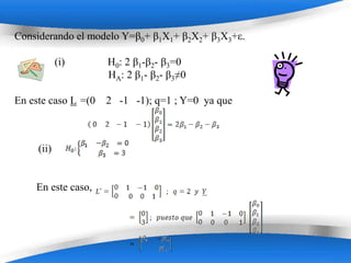 Considerando el modelo Y=β0+ β1X1+ β2X2+ β3X3+ε.

            (i)      H0: 2 β1-β2- β3=0
                     HA: 2 β1- β2- β3≠0

En este caso L =(0   2 -1 -1); q=1 ; Y=0 ya que



     (ii)


    En este caso,




                          Powerpoint Templates
 