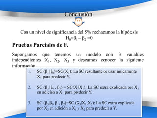 Conclusión:

   Con un nivel de significancia del 5% rechazamos la hipótesis
                           H0=β1 – β2 =0
Pruebas Parciales de F.
Supongamos que tenemos un modelo con 3 variables
independientes X1, X2, X3 y deseamos conocer la siguiente
información.
       1.   SC (β1| β0)=SC(X1): La SC resultante de usar únicamente
            X1 para predecir Y.

       2.   SC (β2| β0 , β1) = SC(X2|X1): La SC extra explicada por X2
            en adición a X1 para predecir Y.

       3.   SC (β3|β0, β1, β2)=SC (X3|X1,X2): La SC extra explicada
            por X3 en adición a X1 y X2 para predecir a Y.
                        Powerpoint Templates
 