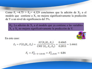 Como Ft =4.75 > FC= 4.329 concluimos que la adición de X2 a el
modelo que contiene a X1 no mejora significativamente la predicción
de Y a un nivel de significancia del 5%.

   H0: La adición de X3 a el modelo que ya contiene a las variables
   X1 y X2 no mejora significativamente la predicción de Y.


En este caso:




                         Powerpoint Templates
 