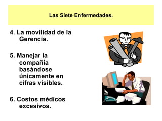 Las Siete Enfermedades.
4. La movilidad de la
Gerencia.
5. Manejar la
compañía
basándose
únicamente en
cifras visibles.
6. Costos médicos
excesivos.
 
