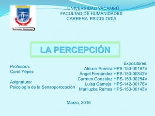 UNIVERSIDAD YACAMBÚ
FACULTAD DE HUMANIDADES
CARRERA PSICOLOGÍA
Expositores:
Aleixer Pereira HPS-153-00187V
Ángel Fernández HPS-153-00842V
Carmen González HPS-153-00254V
Luisa Camejo HPS-142-00178V
Marliuzka Ramos HPS-153-00143V
Profesora:
Carol Yépez
Asignatura:
Psicología de la Sensopercepción
Marzo, 2016
LA PERCEPCIÓN
 