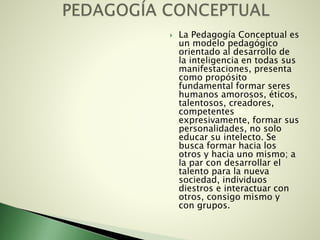  La Pedagogía Conceptual es
un modelo pedagógico
orientado al desarrollo de
la inteligencia en todas sus
manifestaciones, presenta
como propósito
fundamental formar seres
humanos amorosos, éticos,
talentosos, creadores,
competentes
expresivamente, formar sus
personalidades, no solo
educar su intelecto. Se
busca formar hacia los
otros y hacia uno mismo; a
la par con desarrollar el
talento para la nueva
sociedad, individuos
diestros e interactuar con
otros, consigo mismo y
con grupos.
 