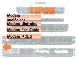 Modem
analógicos
Modem digitales
Modem Por Cable
Modem ADLS
 