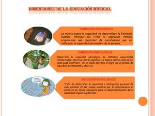 Dimensión fisiológica
   La música posee la capacidad de desarrollase la fisiología
   humana. Atreves del ritmo la expresión rítmica
   proporciona una capacidad de coordinación que se
   reflejada la capacidad psicomotriz de la persona.


                   Dimensión psicológica
Desarrolla la capacidad psicológica de distintas capacidades
intelectuales, afectiva, moral cognitiva. La música cultiva valores del
alma pude contribuir de un modo efectivo al logro de un estado de
equilibrio sentimental y afectivo.




                      Dimensión sociológica
      Trata de desarrollar la capacidad o inteligencia personal de
      cada persona .El ser human socializa por su naturaleza,en el
      canto es un medio excelente para el desenvolvimiento de la
      capacidad lingüística del niño.
 