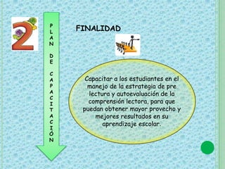 P 
L 
A 
N 
D 
E 
C 
A 
P 
A 
C 
I 
T 
A 
C 
I 
Ó 
N 
FINALIDAD 
Capacitar a los estudiantes en el 
manejo de la estrategia de pre 
lectura y autoevaluación de la 
comprensión lectora, para que 
puedan obtener mayor provecho y 
mejores resultados en su 
aprendizaje escolar. 
 