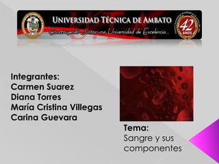 Integrantes: Carmen Suarez Diana Torres María Cristina Villegas Carina Guevara Tema: Sangre y sus  componentes 