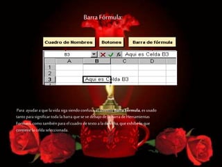 Barra Fórmula:
Para ayudar a que la vida siga siendo confusa, el término BarraFórmula, es usado
tanto para significar toda la barra que seve debajo de la barra de Herramientas
Formato, como también para el cuadro de texto a la derecha, que exhibelo que
contienela celda seleccionada.
contiene la celda seleccionada.
 