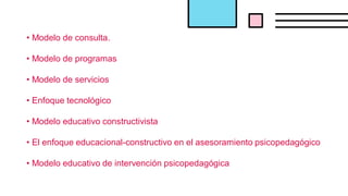 • Modelo de consulta.
• Modelo de programas
• Modelo de servicios
• Enfoque tecnológico
• Modelo educativo constructivista
• El enfoque educacional-constructivo en el asesoramiento psicopedagógico
• Modelo educativo de intervención psicopedagógica
 