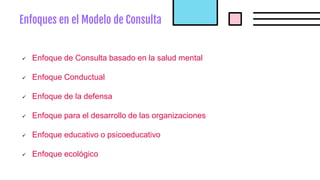 Enfoques en el Modelo de Consulta
 Enfoque de Consulta basado en la salud mental
 Enfoque Conductual
 Enfoque de la defensa
 Enfoque para el desarrollo de las organizaciones
 Enfoque educativo o psicoeducativo
 Enfoque ecológico
 