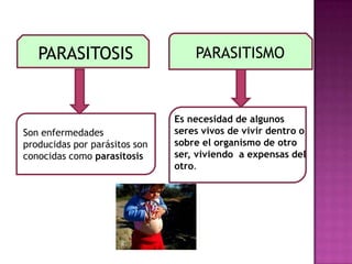 PARASITOSIS PARASITISMO
Son enfermedades
producidas por parásitos son
conocidas como parasitosis
Es necesidad de algunos
seres vivos de vivir dentro o
sobre el organismo de otro
ser, viviendo a expensas del
otro.
 